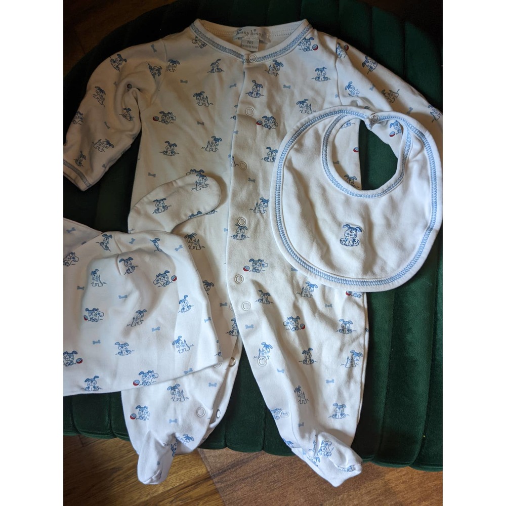 Kissy Kissy Dog Print Footie Hat Pima Cotton Pajama Sleeper, Bib, Hat newborn